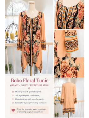 Beige by ECI Floral Print Tunic Dress Pink Peach Long Sleeve Size Medium